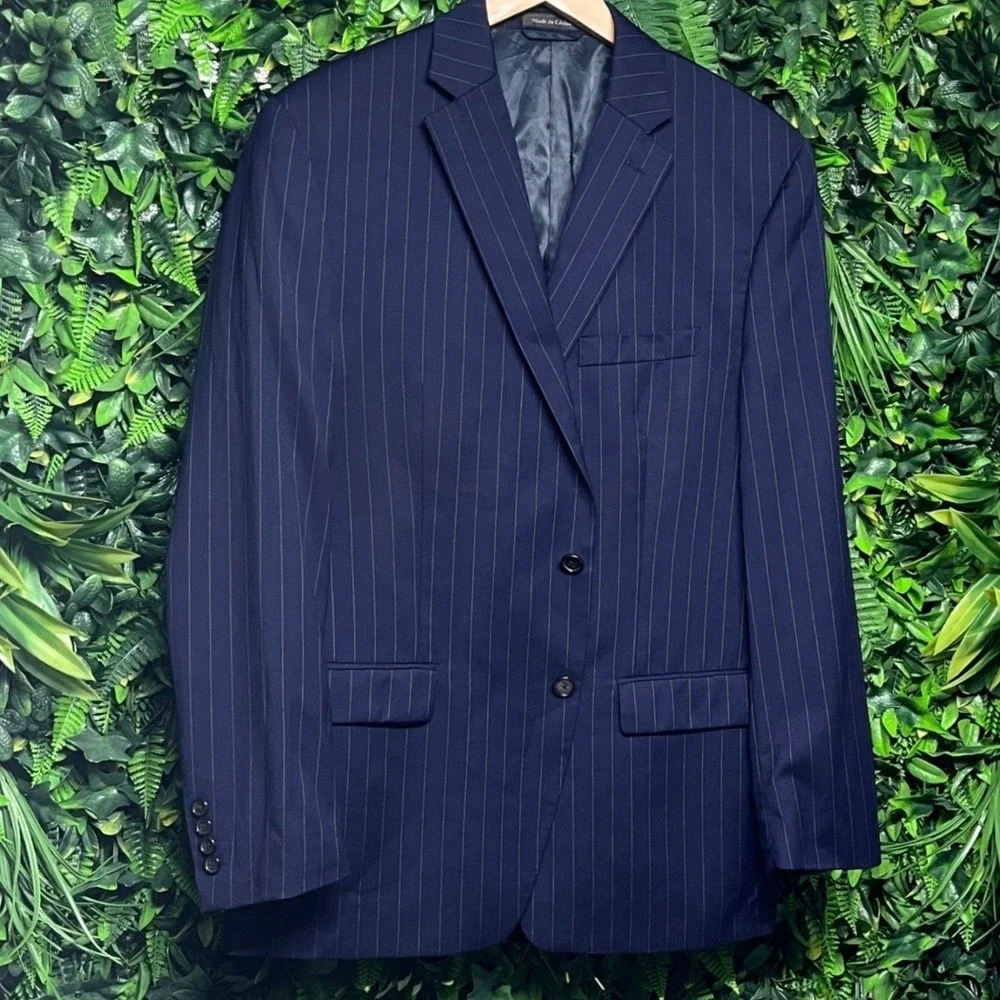 Ralph Lauren Blazer Men 42R Navy Pinstripe Suit Jacket 100% Wool Natural Stretch